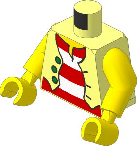 Minifig Torso with Arms and Hands with Pirate Vest with 3 Gold Buttons over Red and White Striped Shirt Pattern