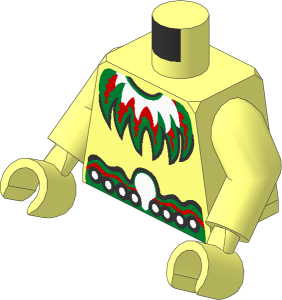 Minifig Torso with Arms and Hands with Red, Green and White Feather Necklace and Red, Green Belt with White Dots and Black Outline Pattern