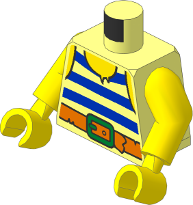 Minifig Torso with Arms and Hands with Blue Horizontal Stripes, Dark Orange Belt and Metallic Gold Buckle Pattern