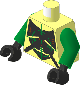 Minifig Torso with Arms and Hands with Insectoids with Silver X on Green Verniers Pattern