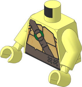 Minifig Torso with Arms and Hands with Tan and Dark Tan Turtle Shell and Dark Brown Belt with Strap and Gold Ring Pattern