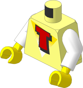 Minifig Torso with Arms and Hands with Red Capital Letter T on White and Yellow Triangle Pattern