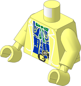 Minifig Torso with Arms and Hands with Jacket over Blue Undershirt with Green Bow and Gun in Belt Pattern