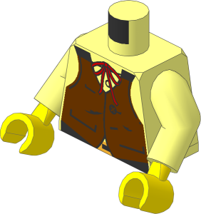 Minifig Torso with Arms and Hands with Brown Vest, Buckle and String Bowtie Pattern