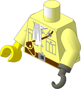 Minifig Torso with Arms, Right Hand and Left Hook Hand with White Scarf and Brown Belt Pattern