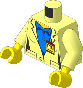 Minifig Torso with Arms and Hands with Female Lab Coat over Medium Blue Shirt with ID Badge and Space Shuttle Logo on Back Pattern