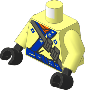 Minifig Torso with Arms and Hands with Orange Scarf, Blue Sash and Orange Emblem Pattern