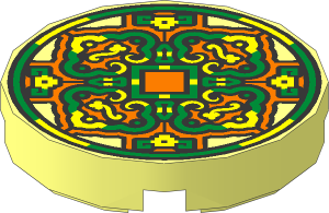 Tile  2 x  2 Round with Round Underside Stud with Dark Orange, Yellow and Metallic Gold Decorations (Coin) Pattern