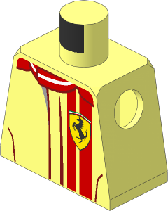 Minifig Torso with Racing Suit with Ferrari Logo and Red Vertical Lines with Grey and White Details Pattern