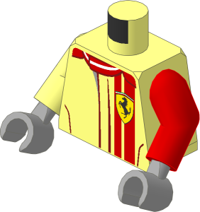 Minifig Torso with Arms and Hands with Racing Suit with Ferrari Logo and Red Vertical Lines with Silver Details Pattern