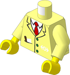 Minifig Torso with Arms and Yellow Hands with Suit with Pocket, Brown Pen, Red Tie, Train Logo Pattern