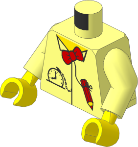 Minifig Torso with Arms and Hands with Red Bow Tie, Pencil and Pocket Watch Pattern