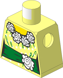 Minifig Torso with Female Blouse with Lavender Dots and White Flowers Collar, Gold Sash with Flower and Bow, Yellow Neck Pattern