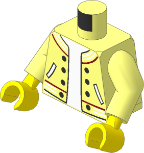 Minifig Torso with Arms and Hands with Jacket with Striped Trim, Silver Buttons and Pockets over White Undershirt Pattern