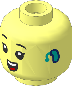 Minifig Head with Black Eyes, and Raised Eyelashes, Open Mouth Smile and Dark Turquoise Hearing Aid Pattern