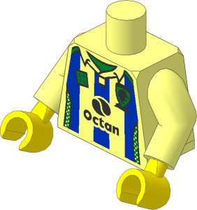 Minifig Torso with Arms and Hands with Soccer Shirt with Octan Logo and Blue Stripes Pattern