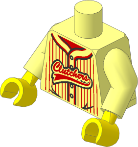 Minifig Torso with Arms and Hands with Vertical Red Stripes and "Clutchers" Pattern