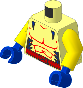 Minifig Torso with Arms and Hands with Black and Blue Marks, Red X-Men Buckle Belt Pattern
