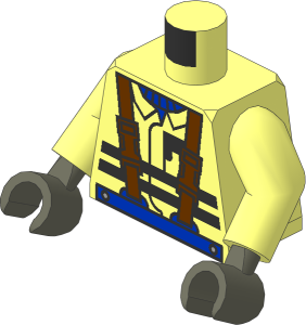 Minifig Torso with Arms and Hands with Blue Shirt, Brown Suspenders and Construction Jacket with Safety Stripes Pattern