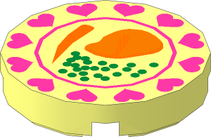 Tile  2 x  2 Round with Steak, Carrot and Peas on Dish with Dark Pink Hearts Pattern