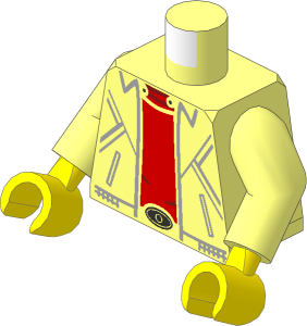 Minifig Torso with Arms and Hands with Leather Jacket, Slash Pockets and Waistband over Red Shirt, Silver Oval Belt Buckle Pattern