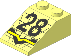 Slope Brick 33  3 x  2 with Black "28" & Black and Yellow Stripes Pattern
