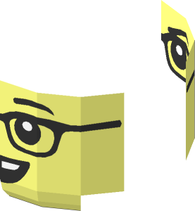 ~Minifig Head Black Eyebrows and Glasses, Open Mouth Smile with Gap Teeth / Angry Frown 2-Sided Half Pattern