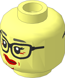Minifig Head with Black Glasses, Dark Bluish Gray Eyebrows, Medium Nougat Lips and Wrinkles, Smirk / Smile 2-Sided Pattern