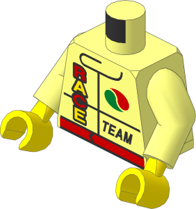Minifig Torso with Arms and Hands with Racing Jacket with Octan Logo, Red Belt, "RACE", and "TEAM" Pattern