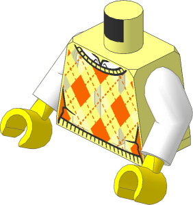 Minifig Torso with Arms and Hands with Knit Argyle Sweater Vest with Bright Light Orange and Orange Diamonds over White Shirt Pattern