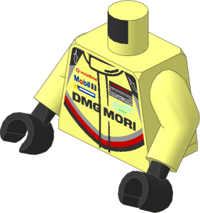 Minifig Torso with Arms and Hands with Race Suit with Porsche Logos and Black, Grey and Red Stripes Type  1 Pattern