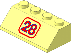 Slope Brick 45  2 x  4 with Red "28" with Blue Contour on Transparent Background Sticker