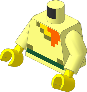Minifig Torso with Arms and Hands with Dark Green Belt and Light Nougat, Olive Green and Orange Rectangles Pattern