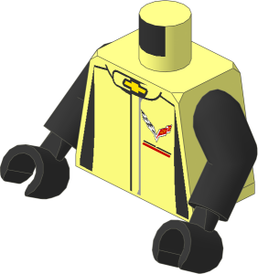 Minifig Torso with Arms and Hands with Race Suit with Chevrolet Corvette Z06-C7 Logos and Black Stripes Pattern