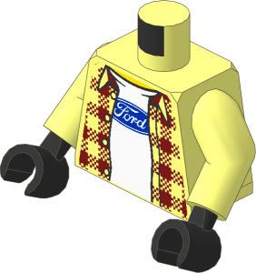 Minifig Torso with Arms and Hands with Ford Logo on White T-Shirt under Dark Red Tartan Shirt Pattern