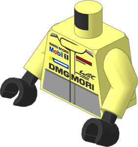 Minifig Torso with Arms and Hands with Race Suit with Porsche Logos, Black and Grey Stripes and Radio on Backside Pattern