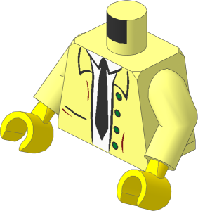 Minifig Torso with Arms and Hands with Open Jacket with  4 Metallic Gold Buttons over White Shirt and Tie Pattern