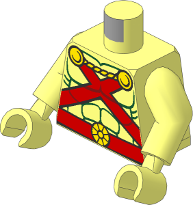 Minifig Torso with Arms and Hands with Red Straps and Belt, Yellow Clasps and Cord and Muscles Outline Pattern