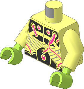 Minifig Torso with Arms and Lime Hands with Silver Metal Plates and Dark Pink Electrical Wires and Buttons Pattern