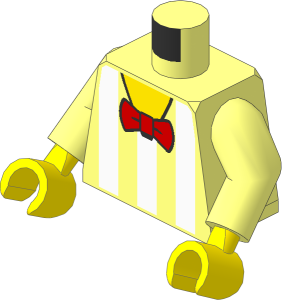 Minifig Torso with Arms and Hands with White Vertical Stripes, Yellow Chest and Red Bow Tie Pattern