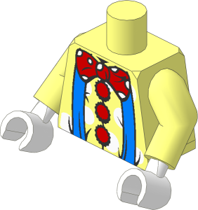 Minifig Torso with Arms and Hands with Medium Blue Suspenders, Red Bow, Red Buttons and White Dots Pattern
