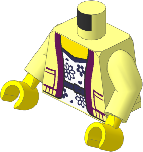 Minifig Torso with Arms and Hands with Cardigan with Dark Azure Trim Open over White Dress with Coral Flowers and Belt Pattern