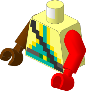 Minifig Torso with Arms and Hands with Pixelated Metallic Silver Strap over Vest with Yellow Trim, Dark Turquoise Shirt and Dark Brown Belt Pattern
