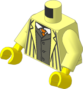 Minifig Torso with Arms and Yellow Hands with Jacket with Dark Bluish Grey Pinstripes and Vest, White Shirt and Dark Orange Tie Pattern