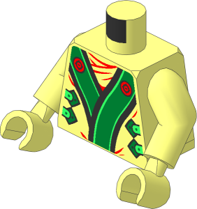 Minifig Torso with Arms and Hands with Robe, Black, Bright Green and Gold Trim, Clasps and Dragon Head Pattern