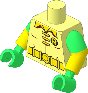 Minifig Torso with Dual Mould Arms and Hands with  3 Yellow Clasps, Collar, Belt and "R" on Black Oval Pattern