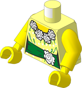 Minifig Torso with Arms and Hands with Female Blouse with Lavender Dots and White Flowers Collar, Gold Sash with Flower and Bow, Yellow Neck Pattern