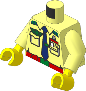 Minifig Torso with Arms and Hands with Shirt with Dark Blue Tie, Gold Airline Pin, Belt and ID Badge Pattern