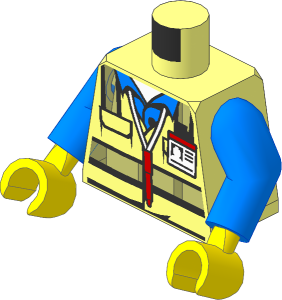 Minifig Torso with Arms and Hands with Safety Vest with Reflective Stripes over Medium Blue Shirt, ID Badge and Red Pen around Neck Pattern