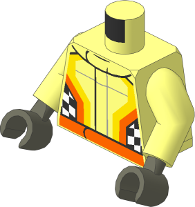 Minifig Torso with Arms and Dark Bluish Grey Hands with White/Yellow/Orange Racesuit Pattern